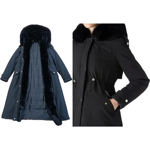 Women Polyester Fiber Long Collar Hooded Thermal Fur lined Belted Puffer Coat - Picture 4 of 6